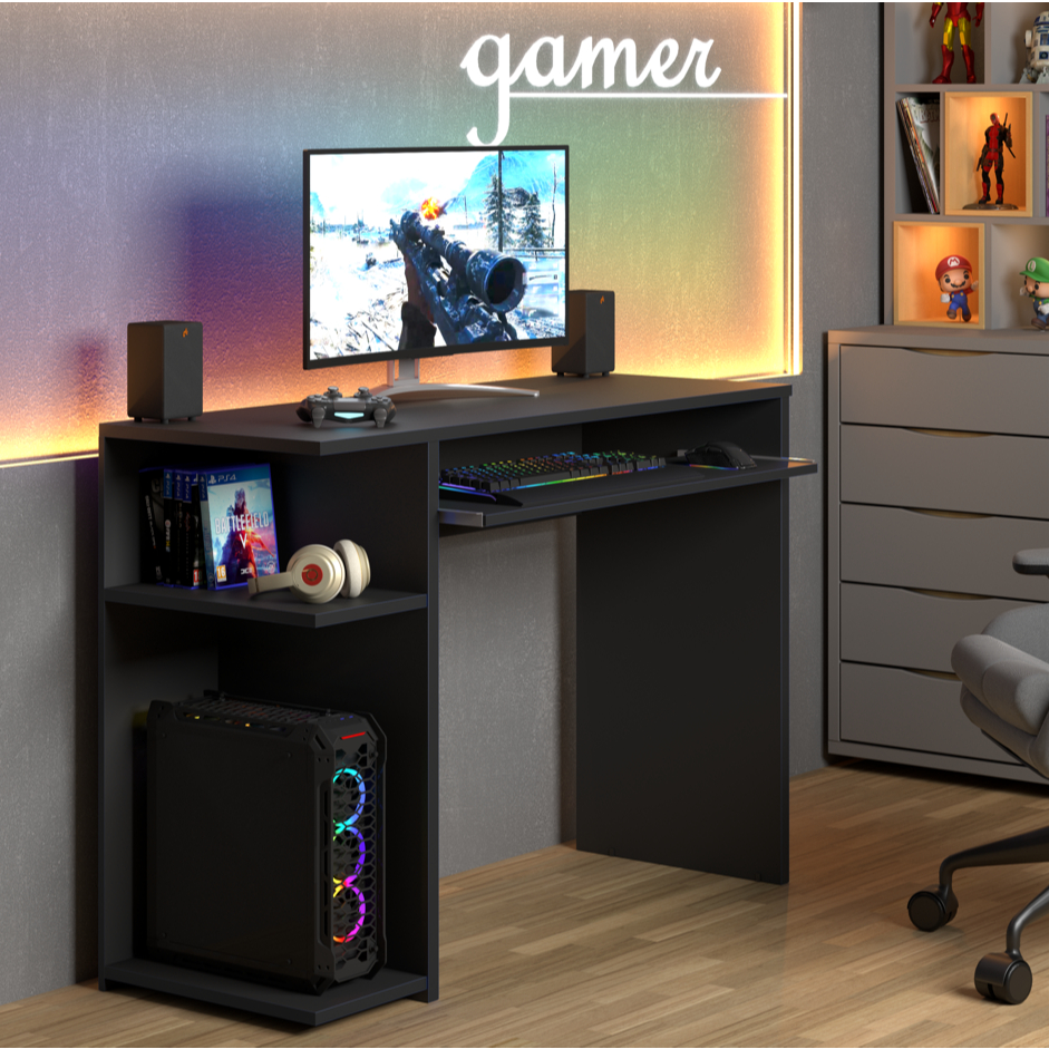 Mesa Gamer Para Computador Com Suporte Para Teclado Deslizante E Bordas Preto