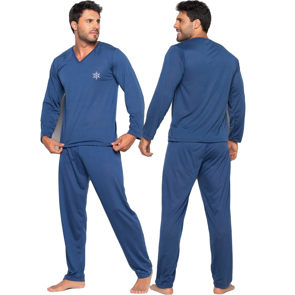 Pijama Bravaa Store Longo Masculino Blusa e Calça Manga Comprida 009 em Oferta na Shopee