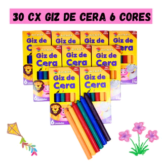 30 Cx Giz de Cera 6 Cores p/ Kit Festa Lembrancinha Infantil Prenda