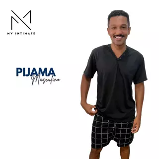 Pijama Masculino Adulto Malha Pv Manga Curta e Short Xadrez em Oferta na Shopee
