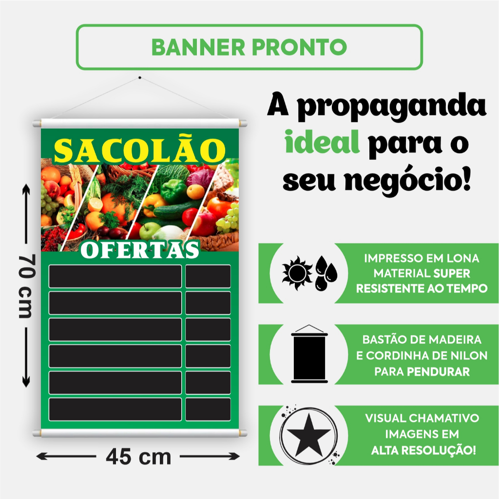 Banner Pronto Sacolão 45x70cm Placa Tabela Preço Produtos Oferta
