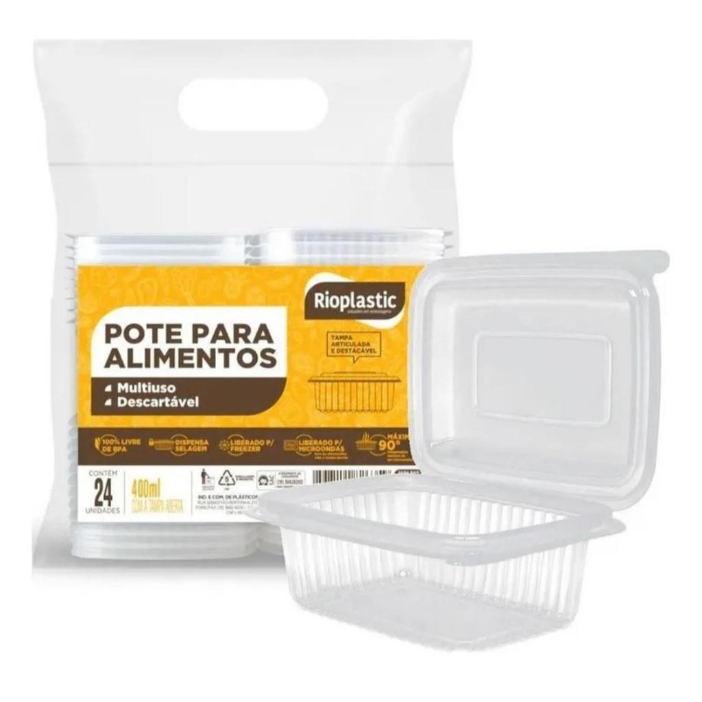 48 Pote Retangular 400ml Rioplastic (BANDEJA 400M) Freezer e Microondas