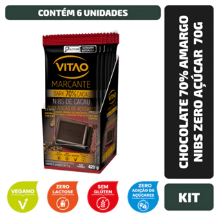 Kit 6 Un. Chocolate 70% Amargo Nibs Zero Açúcar Marcante 70G