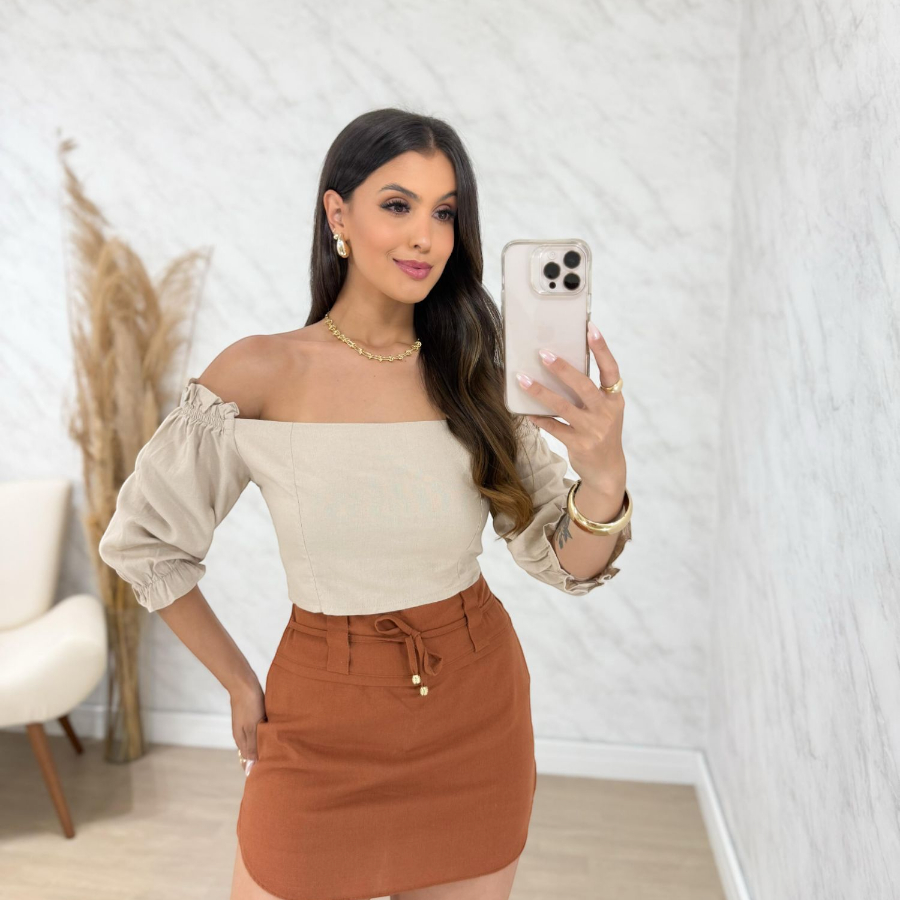 Short Alfaiataria Conjunto Blusa Curta E Saia Cintura Alta