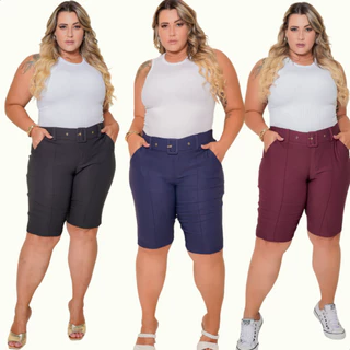 Kit com 3 Bermudas Feminina Plus Size Grande Com Bolsos e Cinto Tecido Modelador Bengaline Moda Plus