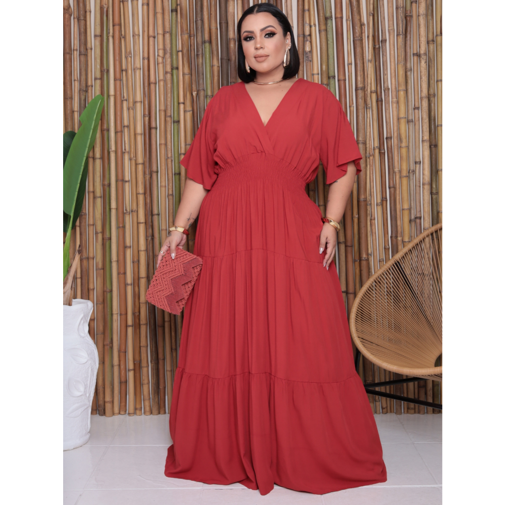 Vestido Decote V Plus Size Longo Manga Curta Vestidos Evangelicos Plus ...