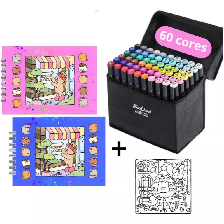Livro Bobbie Goods Pintar C/ Kit Canetas Coloridas 60 Cores Estojo ...