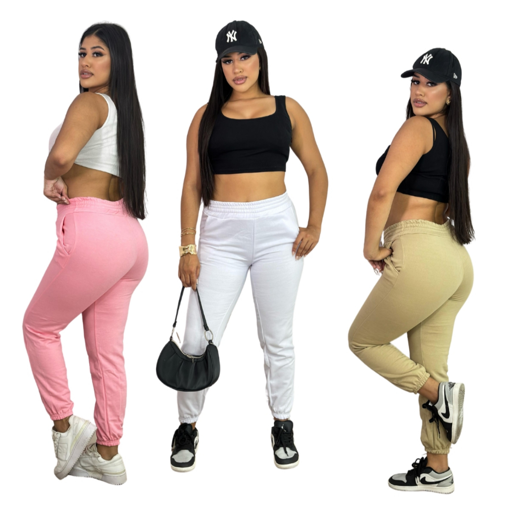Calça Moletom Jogger Feminino Cintura Alta com Elástico e Punho na Barra Inverno Moda Blogueira