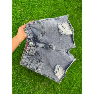 Short Jeans Feminino Marmorizado Com Destroyed Cintura Alta