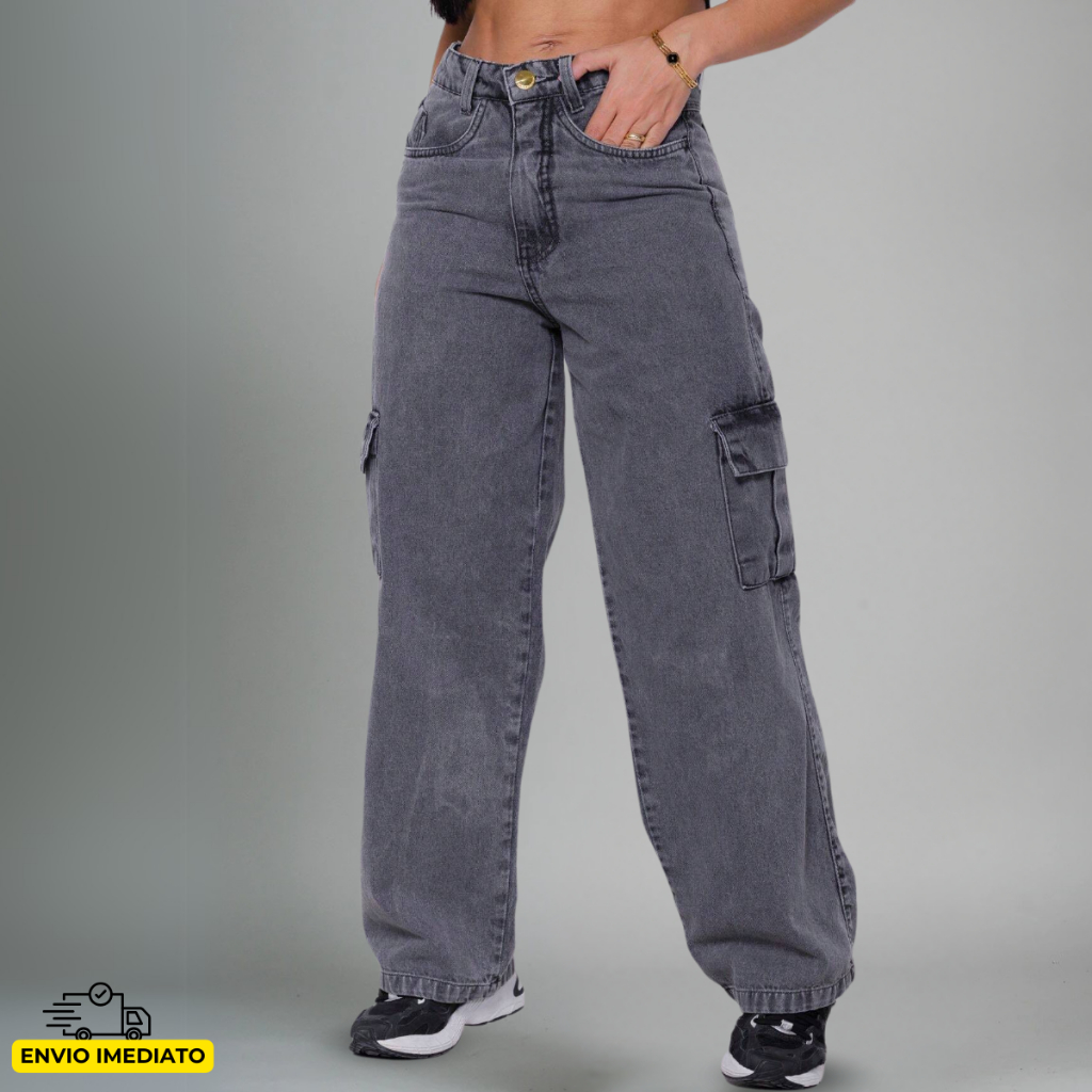 Calça Cargo Grafite Cinza Jeans Feminina Wide Leg 34 Ao 44 | Shopee Brasil