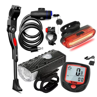 Farol Bike 300 Lumens + Sinalizador Traseiro + Pezinho Lateral + Velocímetro + Trava Cabo De Aço Mtb