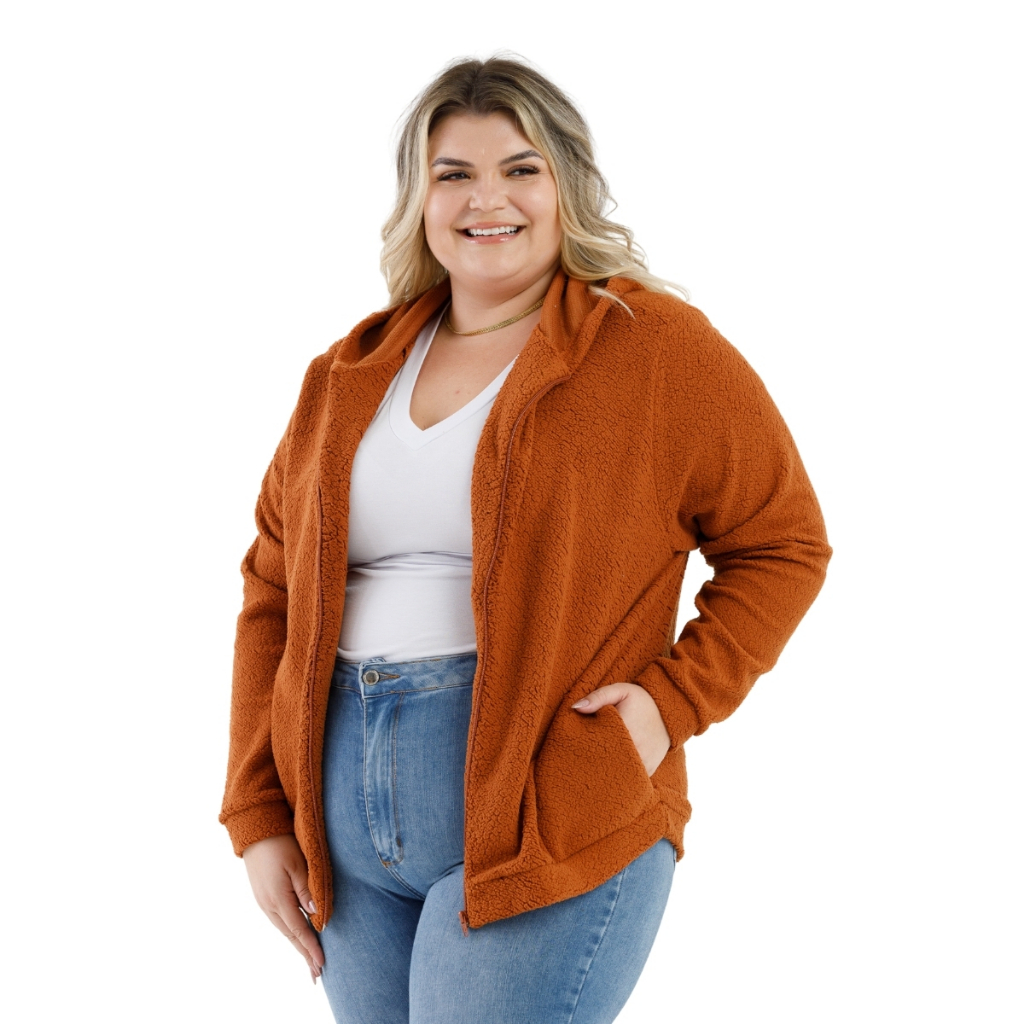 Casaco Teddy Carneirinho Feminino Com Ziper Frontal e Capuz Plus