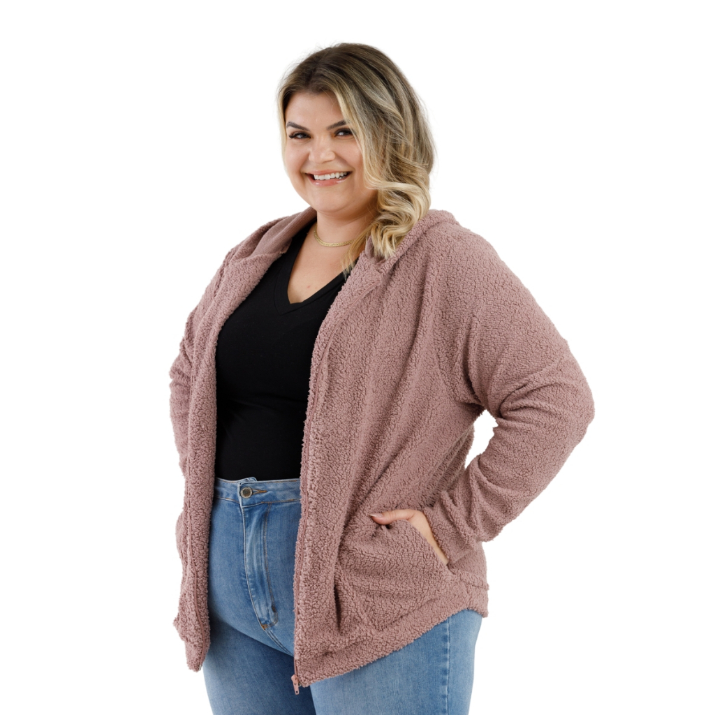 Casaco Teddy Carneirinho Feminino Com Ziper Frontal e Capuz Plus