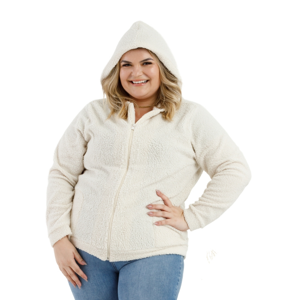 Casaco Teddy Carneirinho Feminino Com Ziper Frontal e Capuz Plus