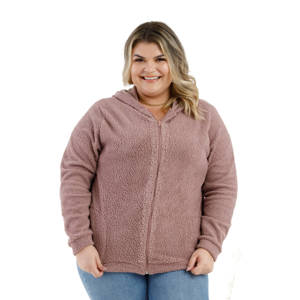 Casaco Teddy Carneirinho Feminino Com Ziper Frontal e Capuz Plus