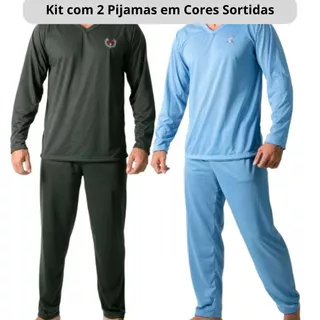 Kit com 2 Pijamas Masculino Inverno Manga Longa com Calça em Malha de Qualidade