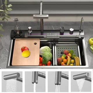 Cuba Cozinha Gourmet 304 Inox com Cascata Lavador Copos E Acessórios+360 ° Rotação 4 Em 1 Torneira