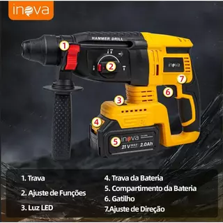 INOVA Furadeira,Martelete,Rompedore Perfurador Sem Fio 750W 21V • 2 Baterias Li-ion 2000mAh• Kit
