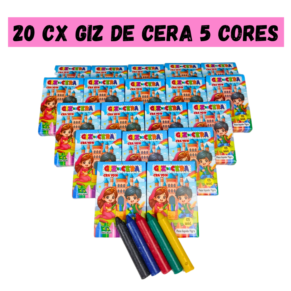 20 cx Mini Giz de Cera 5 Cores P/ Kit Festa Lembrancinha Artesanato Infantil
