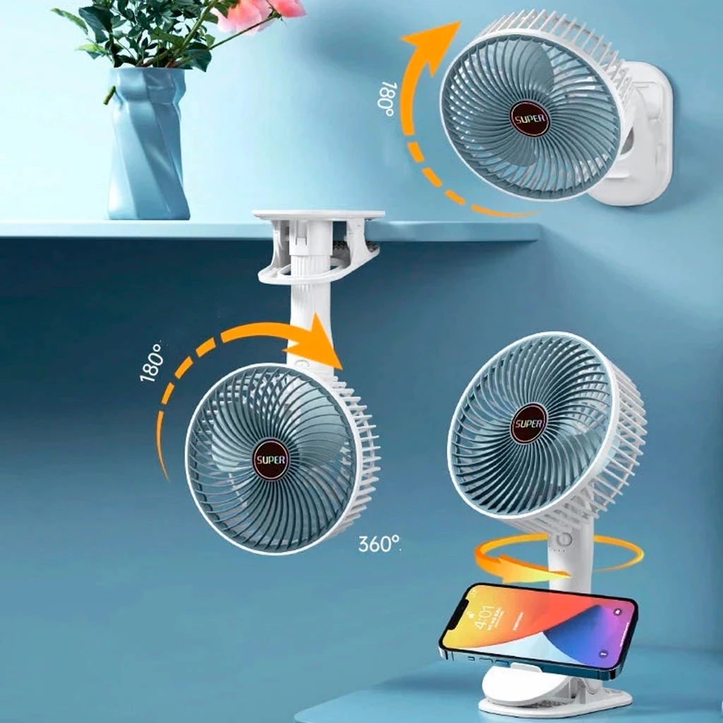 Mini Ventilador Portatil e Recarregavel com Suporte para Celular e Clip de Suporte em qualqer lugar