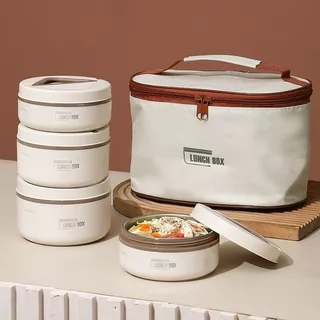 Kit 4 lancheira com bolsa térmica Redonda Isolada De Aço Inoxidável Caixa De Almoço 420/500ML