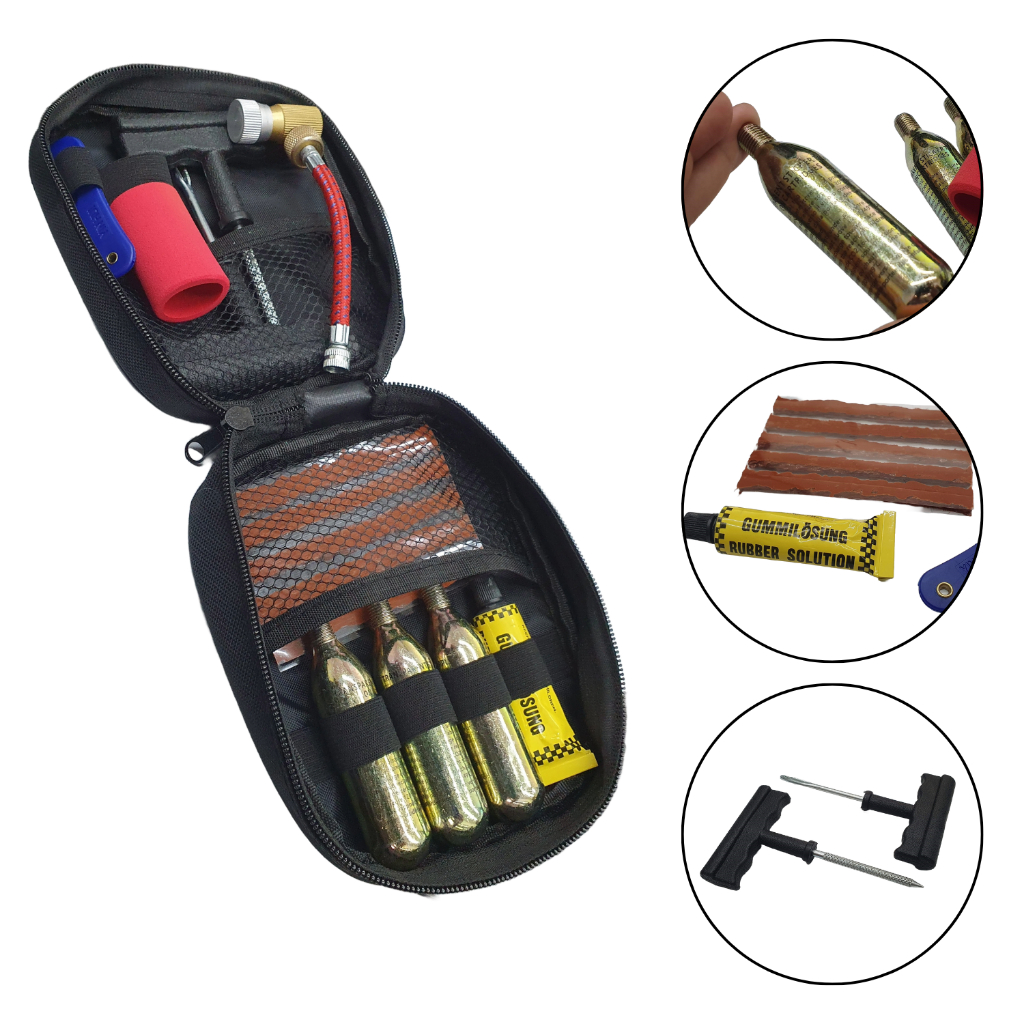 Kit Viagem De Moto Reparo Furo Conserto Pneu S/ Camara com 3 Cilindros Co2 p/ Calibrar