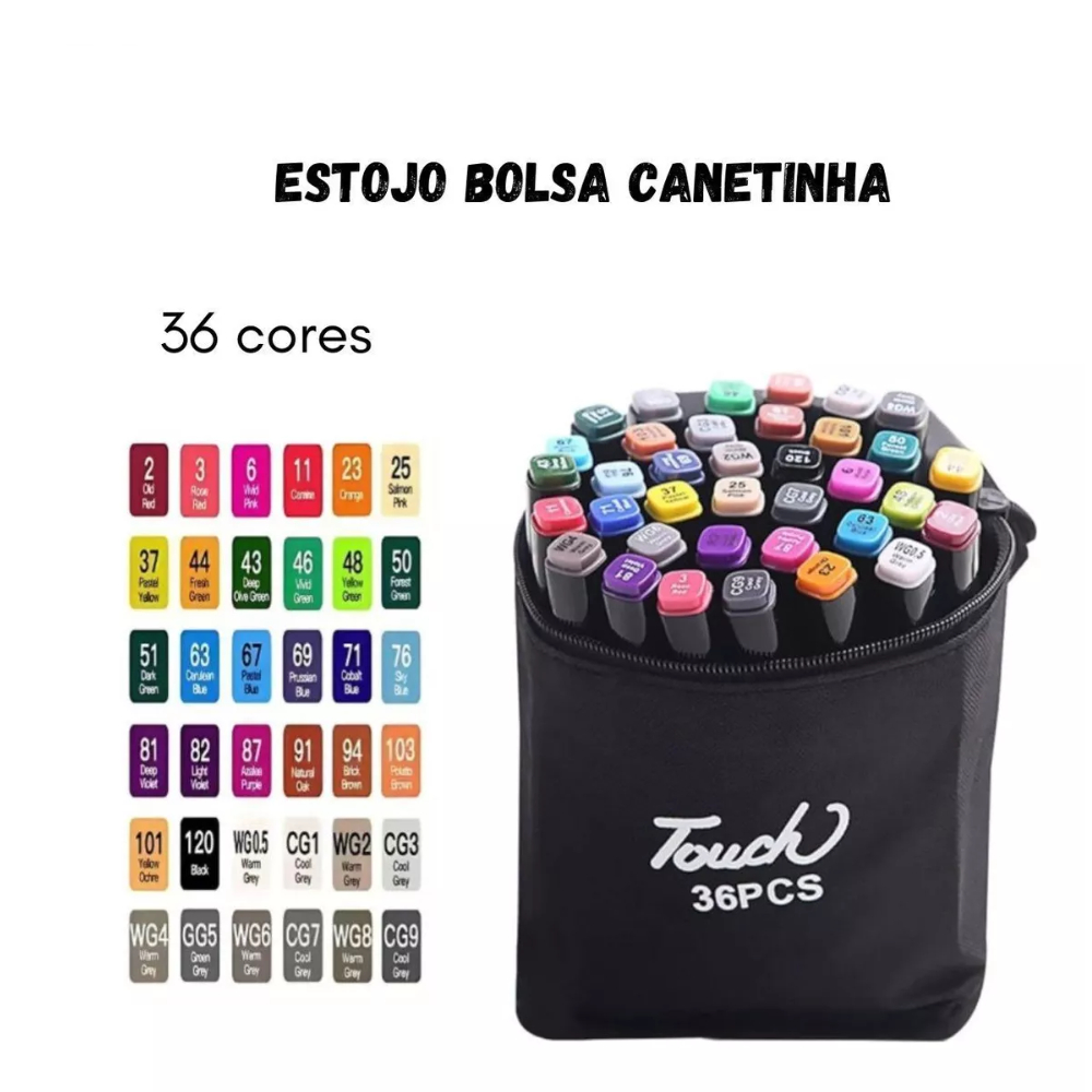 Canetinha Kit 36 Cores Estojo Bolsa Marca Texto Ponta Dupla (Fina