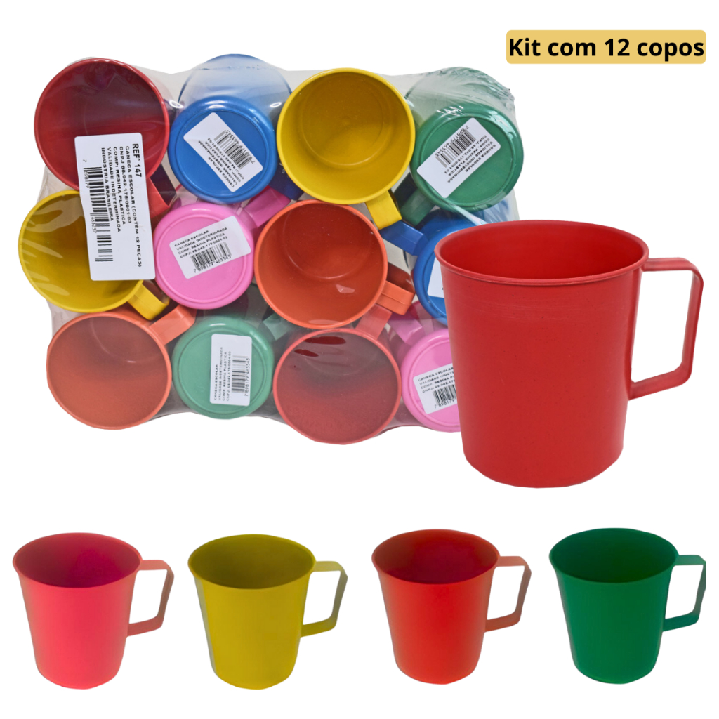 Kit Canecas Plástica C/12 Coloridas Escolar 300ml Atacado Copo Plástico ...
