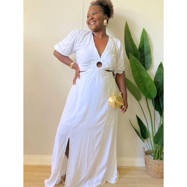 Vestido longo detalhe de argola na frente, mangas bufante | Shopee Brasil