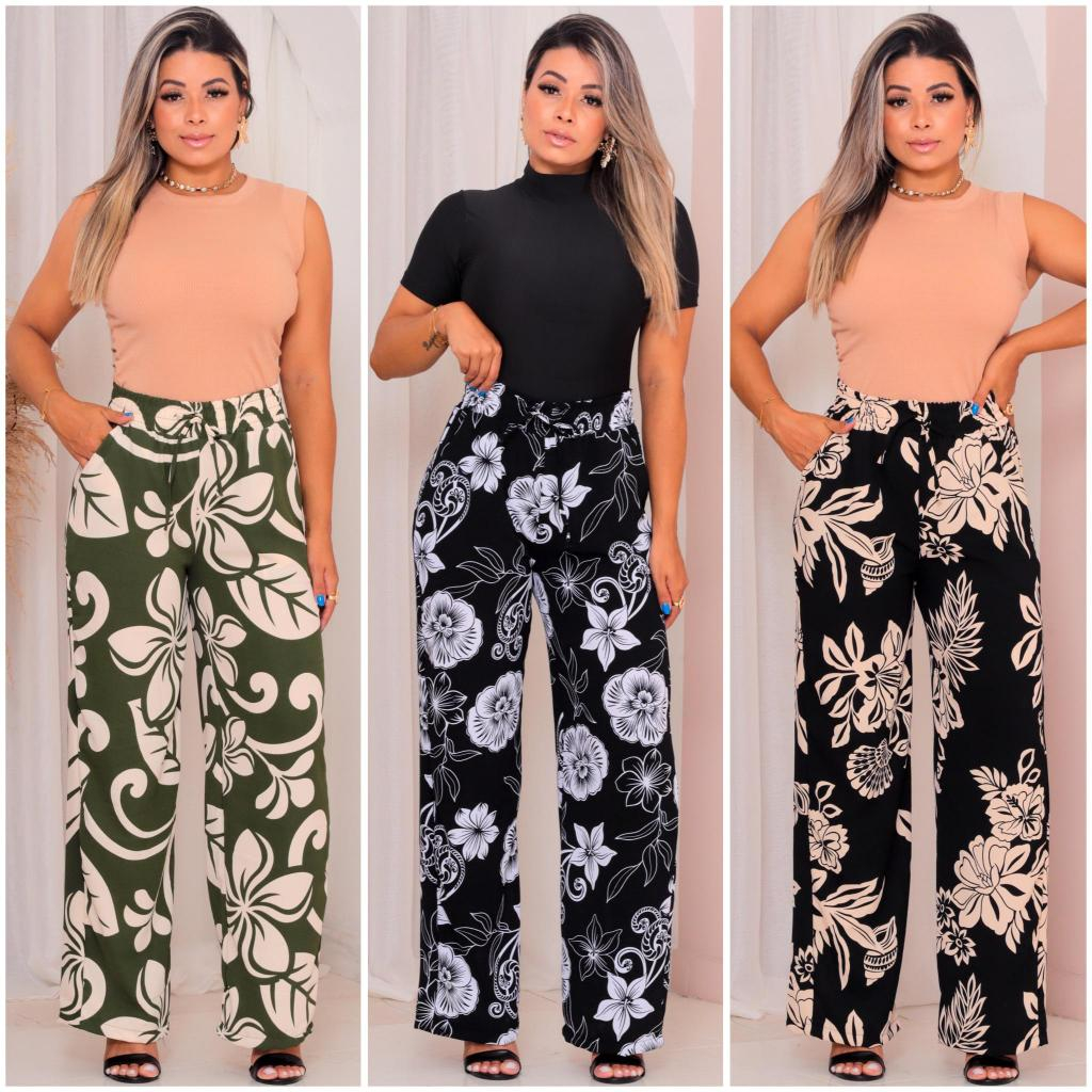 Calça Pantalona Feminino Estampado Duna Com Bolso Moda Casual