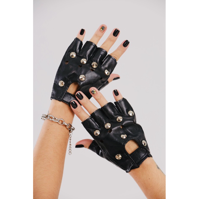 Luva Rocker Punk 1 par de Luvas P.U Spike sem Dedos Rebite Oco Curtas ...