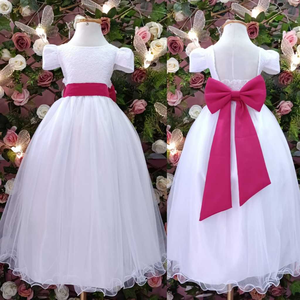 VESTIDO DE FESTA INFANTIL E JUVENIL 2251 LONGO DAMINHA BRANCO LAÇO