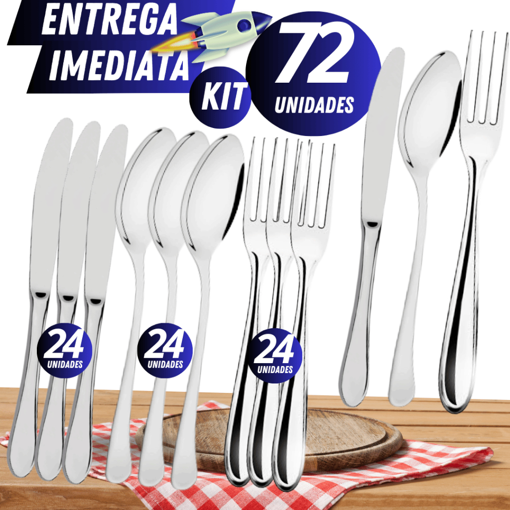 Conjunto 72 Talheres de Cozinha Inox Faqueiro 24 Facas 24 Garfos 24 ...