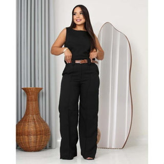 Conjunto Feminino Alfaiataria Calça Pantalona Com Bolso E Passante Blusa Regata