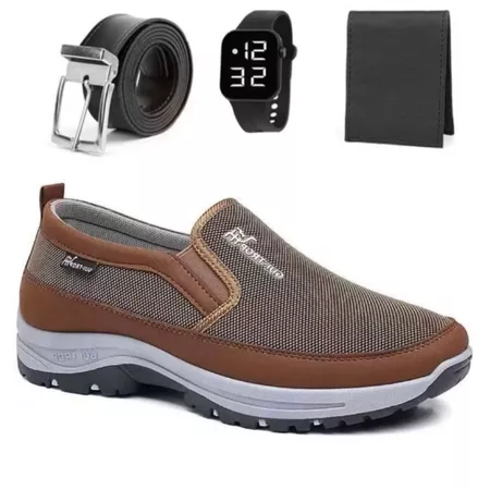 Kit Tenis Sapatilha Mocassin Casual Adventure de Passeio Reforçado Com Solado Impermeável + Carteira Cinto e Relogio