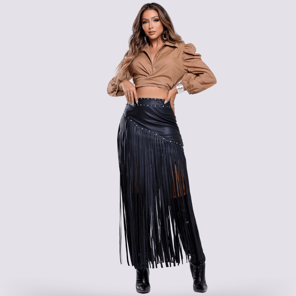 Saia Couro Franjas Pedrarias Nártila Shopee Brasil