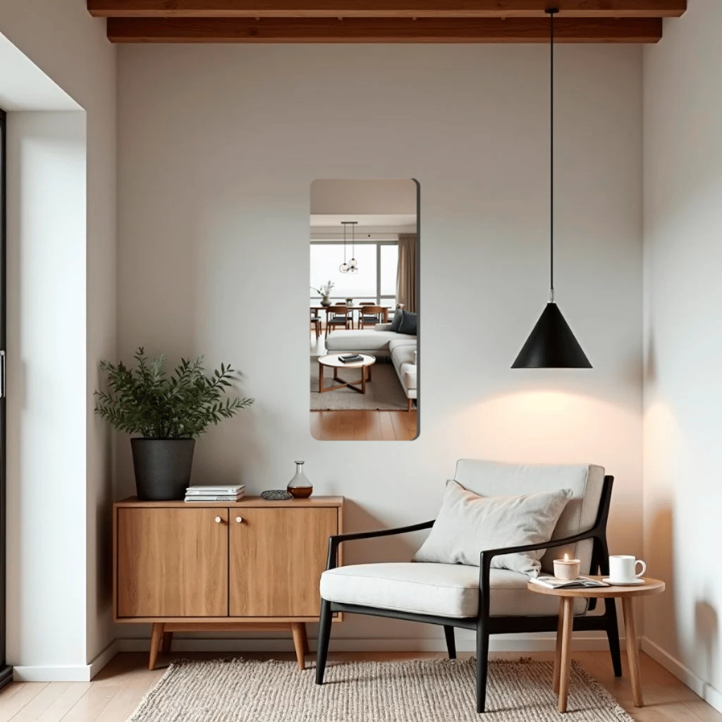 Espelho decorativo orgânico retangular fixado em parede branca acima de aparador de madeira em ambiente minimalista