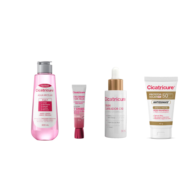 Kit Skincare Serúm Clareador, Água Micelar, Creme Para os Olhos e Protetor Solar Cicatricure