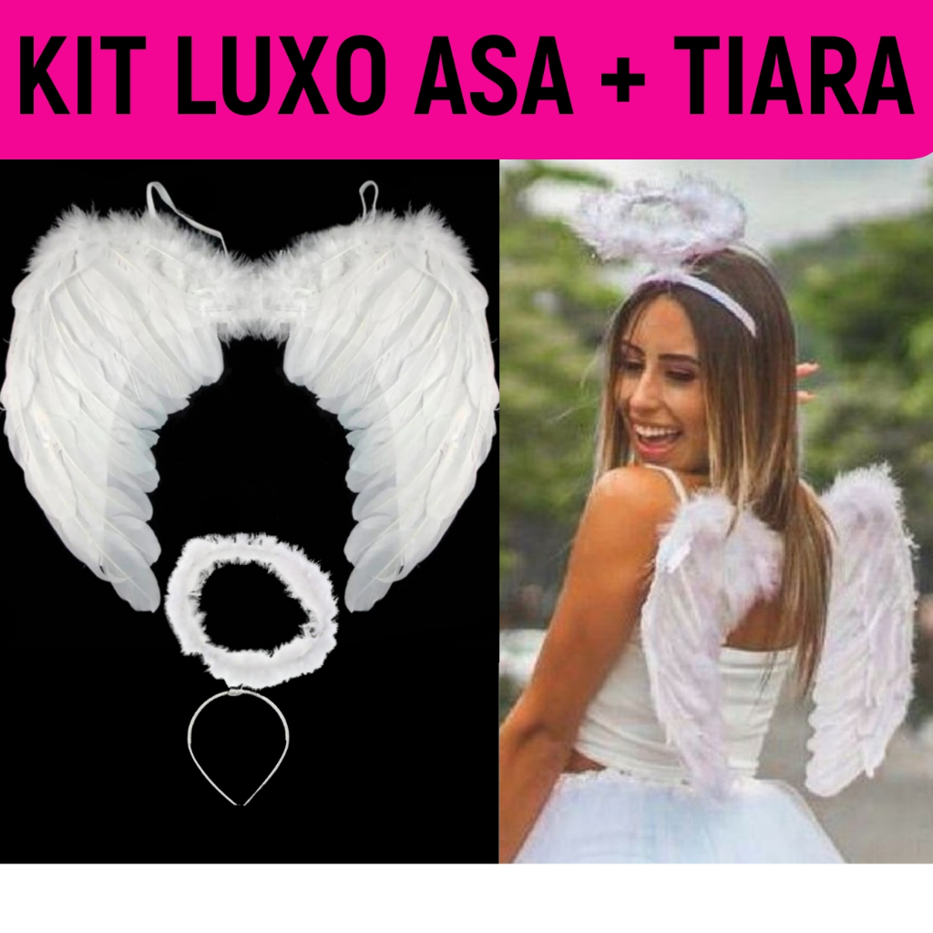 SUPER KIT FANTASIA ANJO COMPLETO DE LUXO COM PLUMAS 45 X 60 CM BRANCO ...