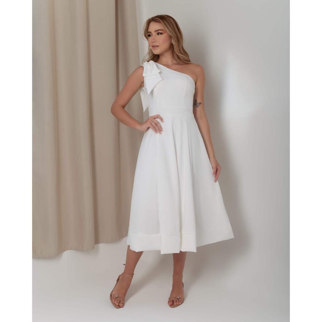 Vestido Noiva Civil Midi Rodado Minimalista Casamento Noivado Laço ...