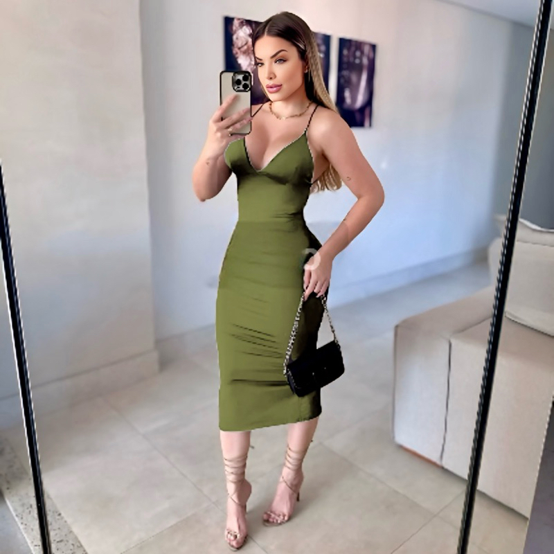 Vestido Midi em Poliamida Forrado com Bojo – Elegante e Confortável Zero Transparência
