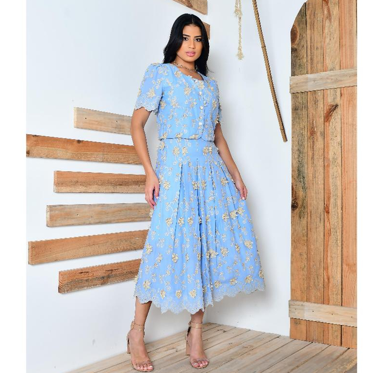 Conjunto Saia Midi e Blusa Lese 3D Moda Evangelica 100% Algodão Botões ...