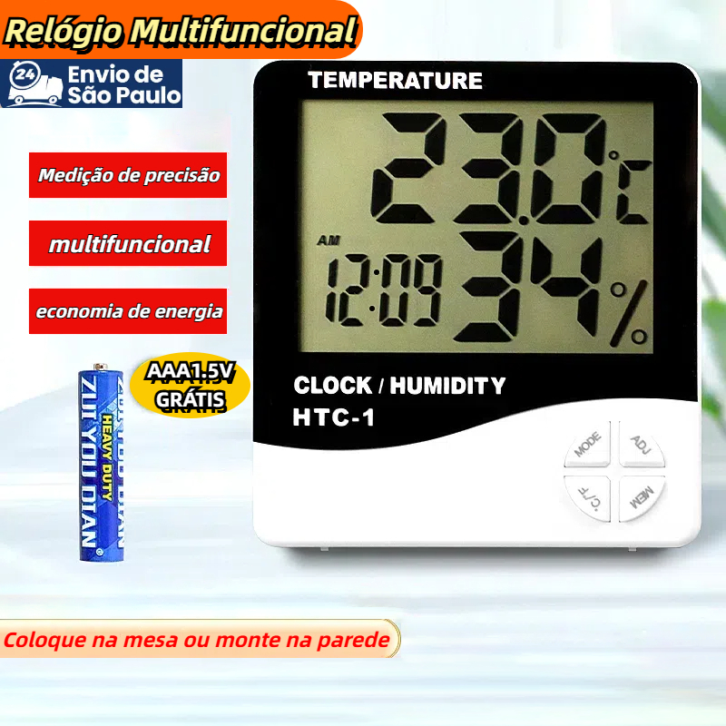 Relógio Despertador Multifuncional com Termômetro, Temporizador e Medidor de Umidade