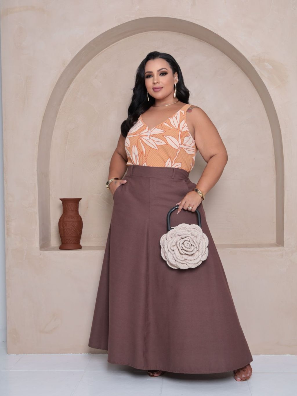 Saia Plus Size Longa de Linho e Alfaiataria até 56 Estefanie