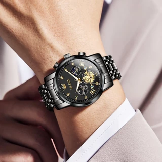 OLEVS Relógio Masculino Esportivo à Prova D'Água - Cronógrafo + Calendário | Pulseira em Aço Inox Preto Fosco | 2856