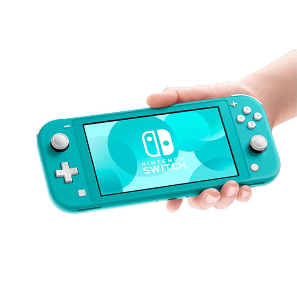 Mãos segurando o console Nintendo Switch Lite turquesa para demonstrar tamanho e ergonomia