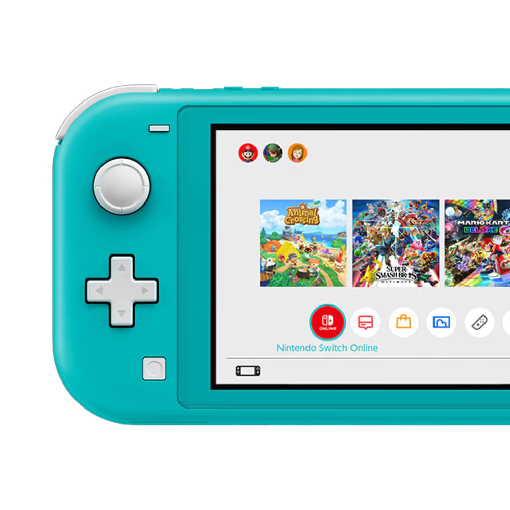 Close na tela do Nintendo Switch Lite exibindo o menu principal com ícones de jogos como Animal Crossing e Mario Kart