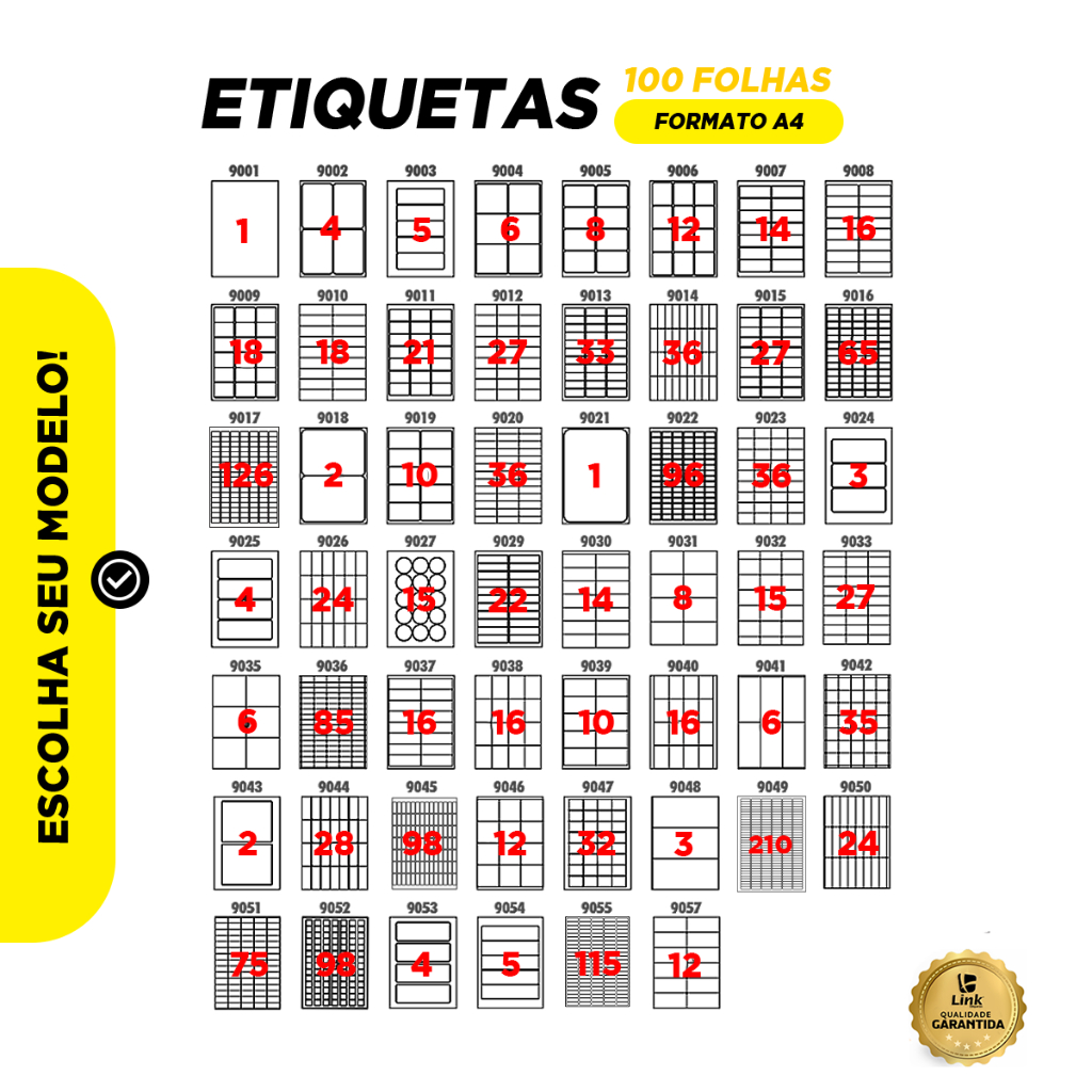 Etiqueta Adesiva A4 Caixa com 100 Folhas - Link Etiquetas - Escolha o Modelo