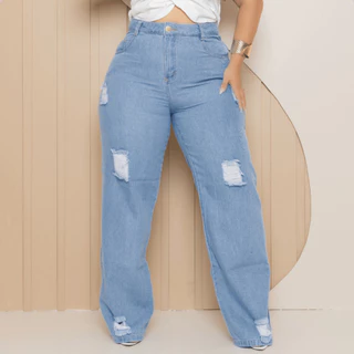 Calça Wide Leg Plus Size Jeans Clara Feminina Cintura Alta Pantalona Sem Lycra Stillger Jeans