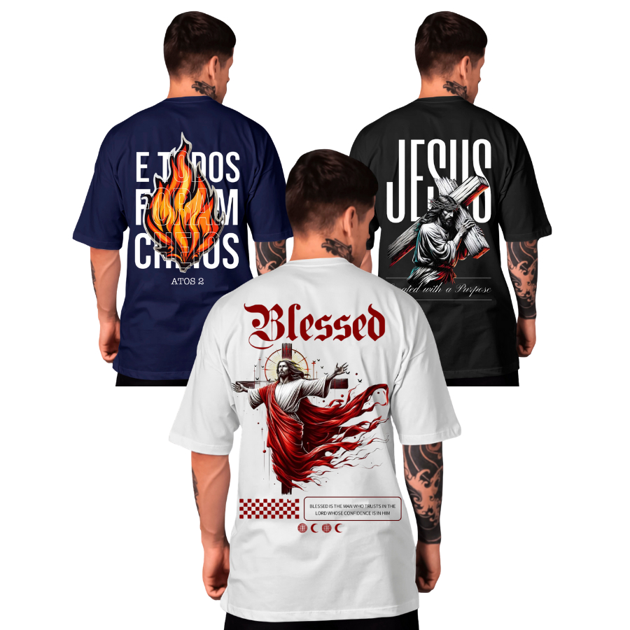Kit 3 Camisetas Masculinas Éved - Estampas Cristãs, Algodão Premium E Modelo Oversized